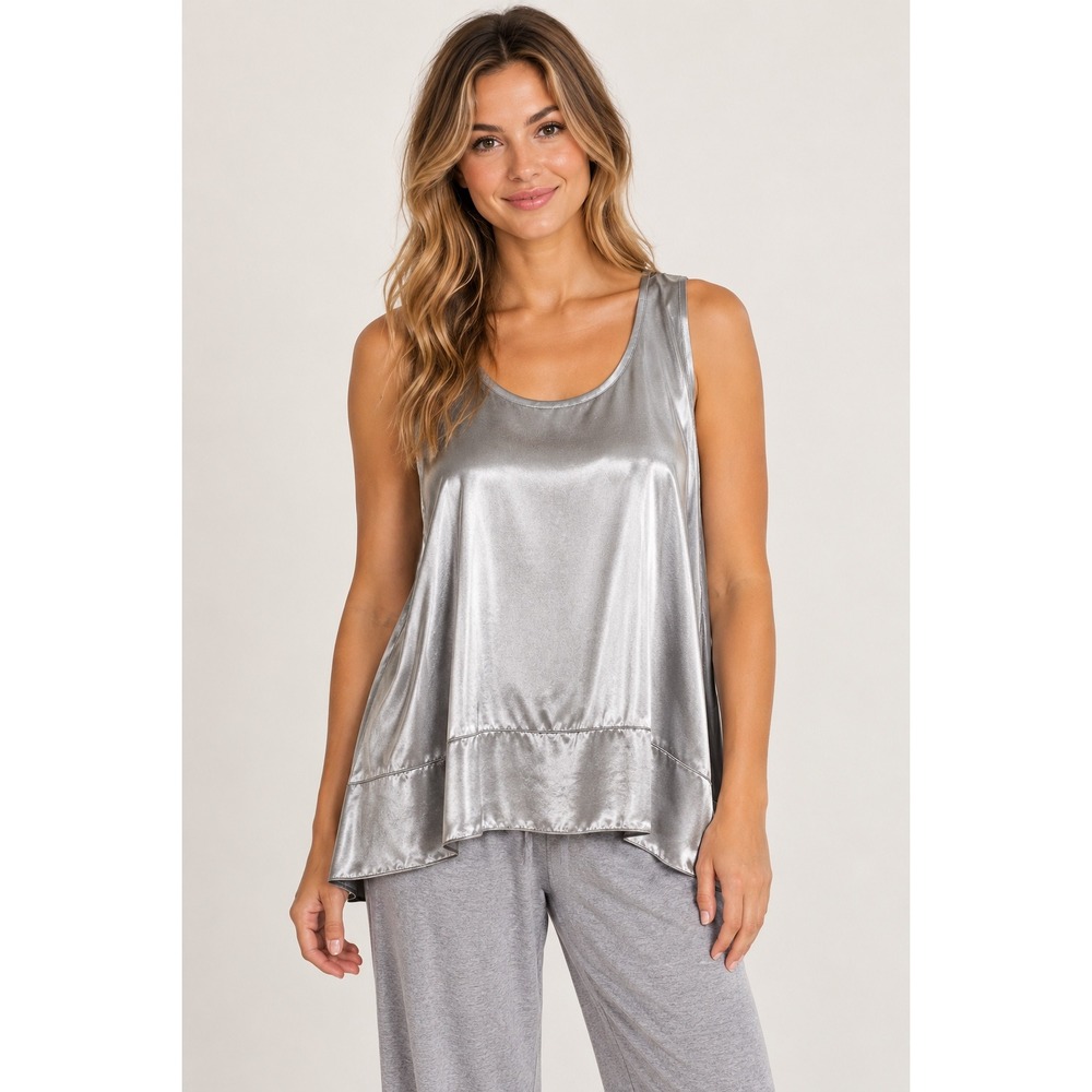 PJ Harlow Natalie Silver Satin Rib Knit Swing Tank Top Medium Loungewear